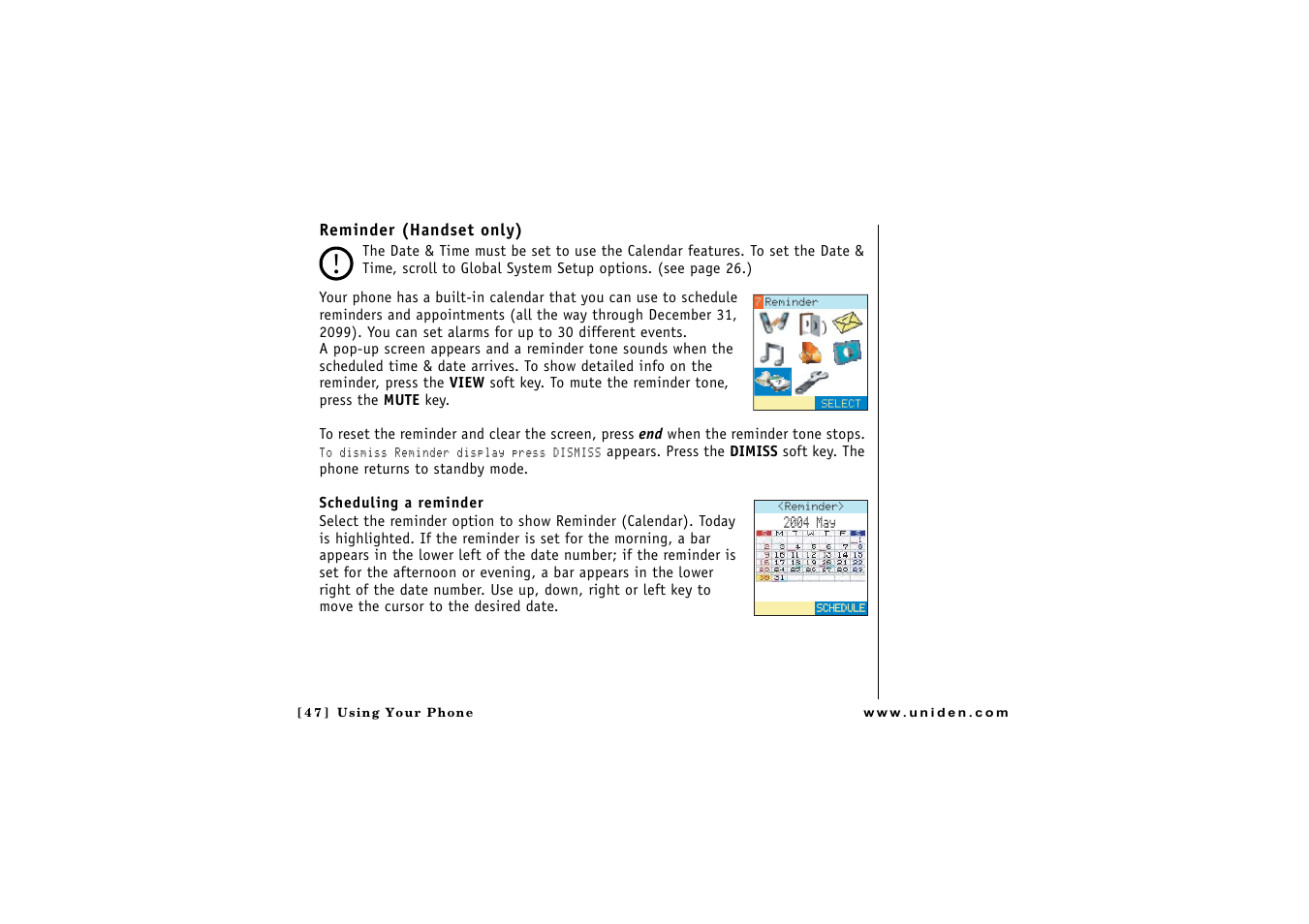 Reminder (handset only) | Uniden CLX475 User Manual | Page 48 / 92