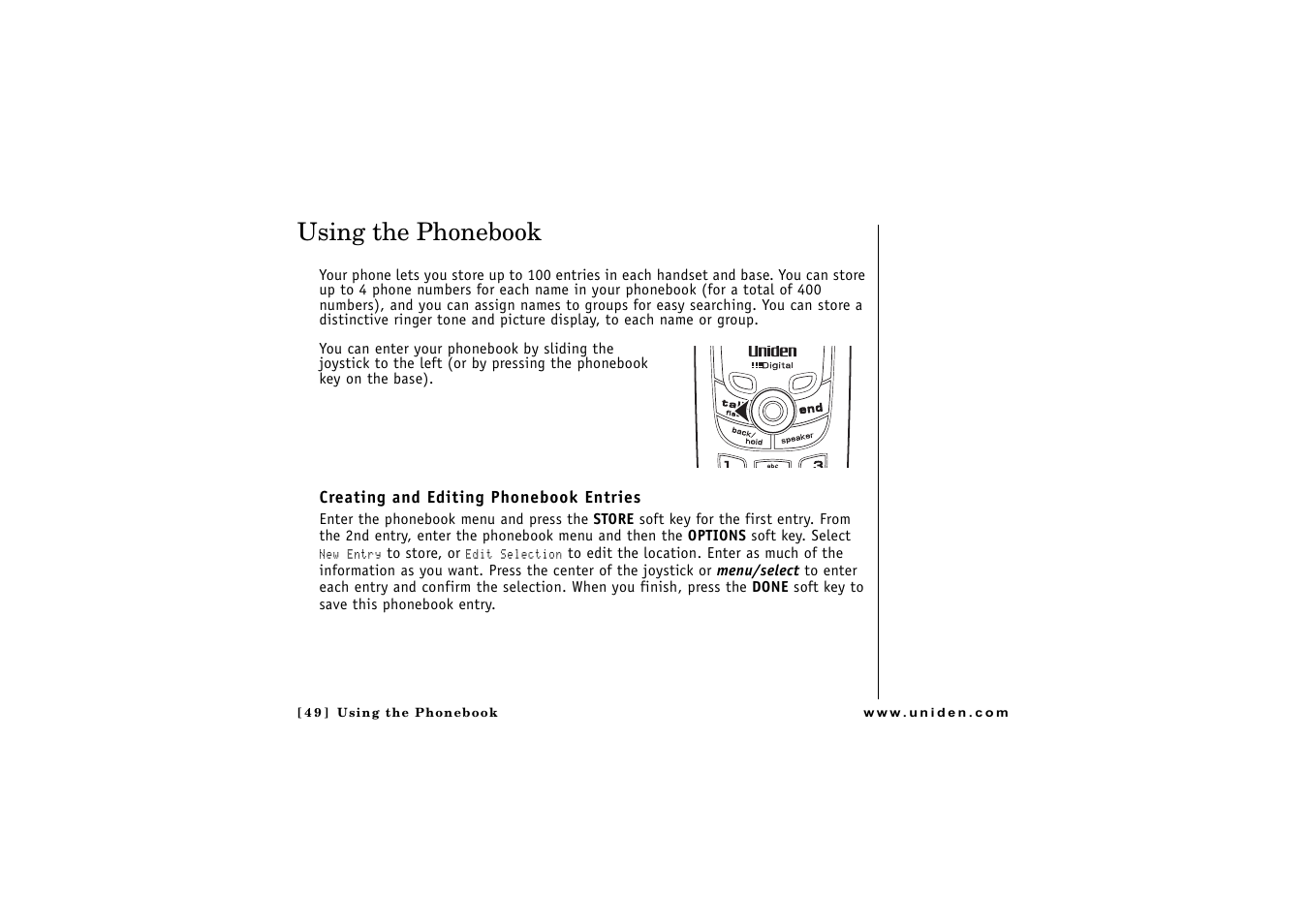 Using the phonebook, Creating and editing phonebook entries, P. 49 & 20) | Uniden CLX475 User Manual | Page 50 / 92