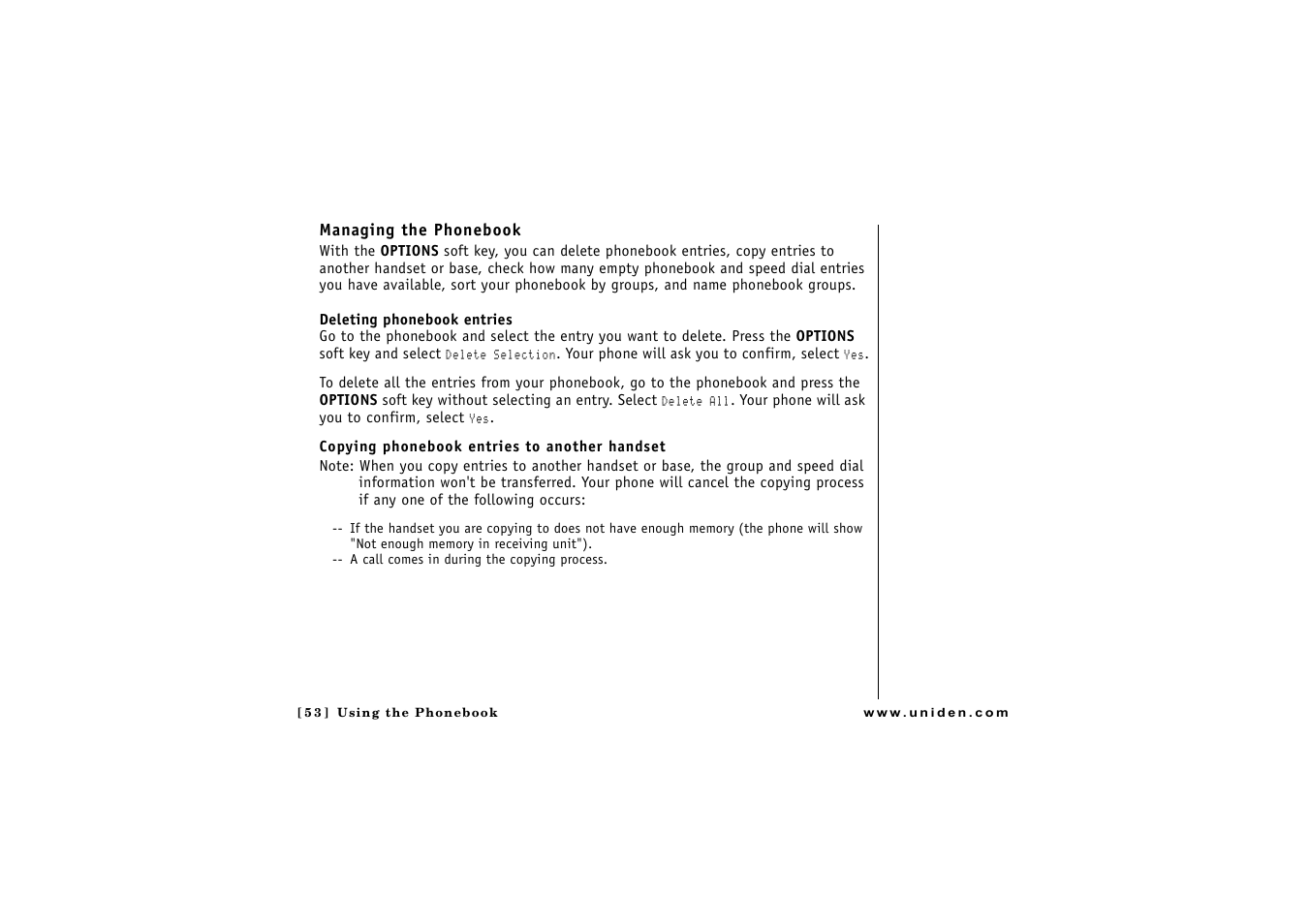 Managing the phonebook | Uniden CLX475 User Manual | Page 54 / 92