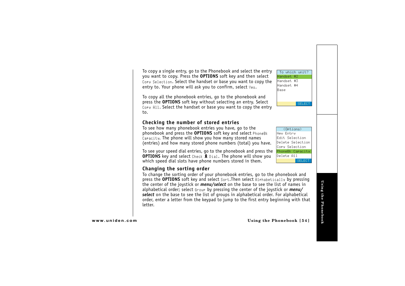 Checking the number of stored entries, Changing the sorting order | Uniden CLX475 User Manual | Page 55 / 92