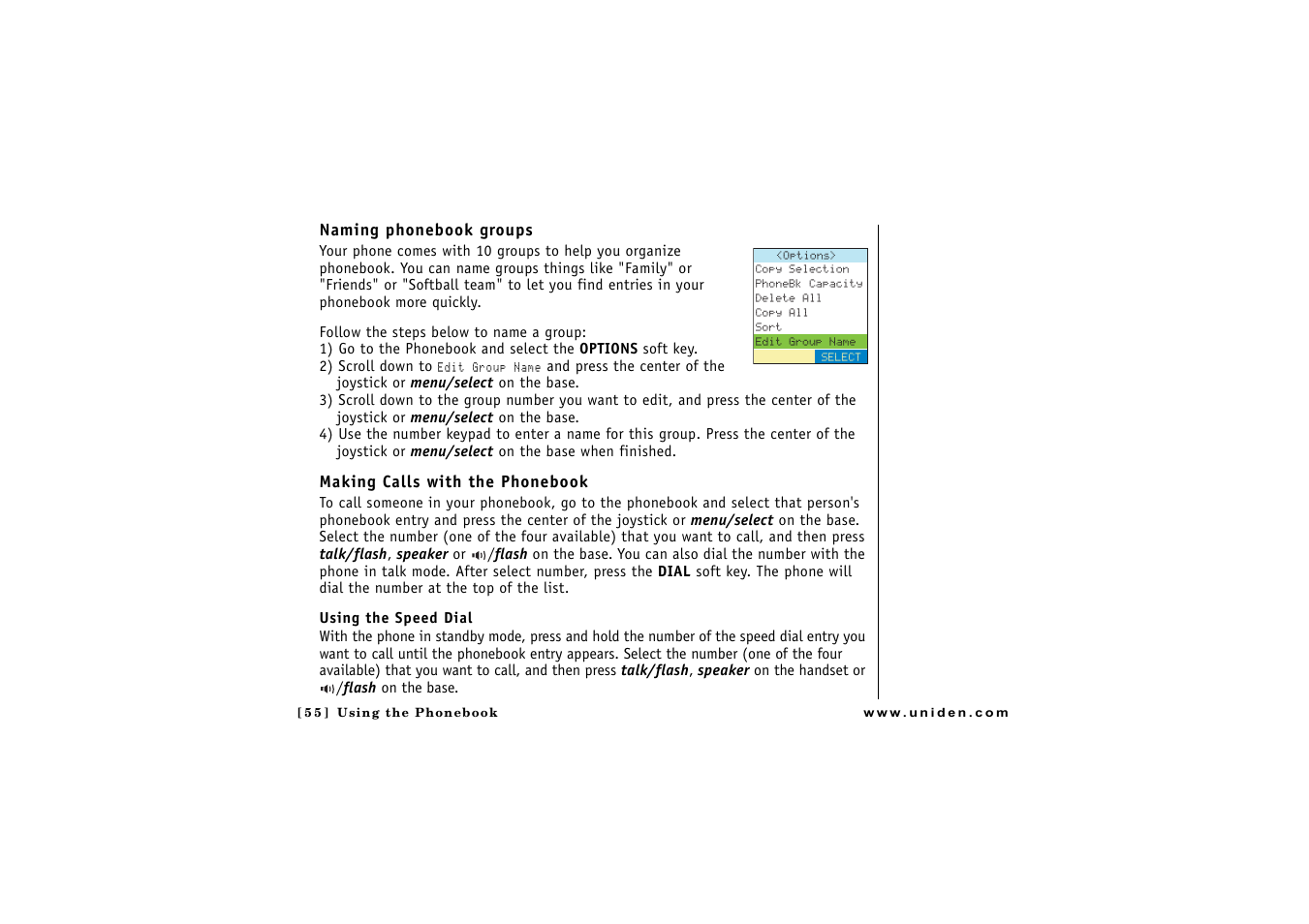 Naming phonebook groups, Making calls with the phonebook | Uniden CLX475 User Manual | Page 56 / 92
