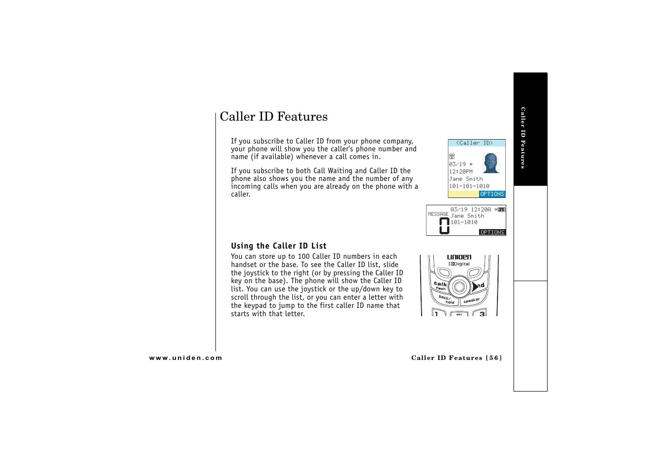 Caller id features, Using the caller id list | Uniden CLX475 User Manual | Page 57 / 92