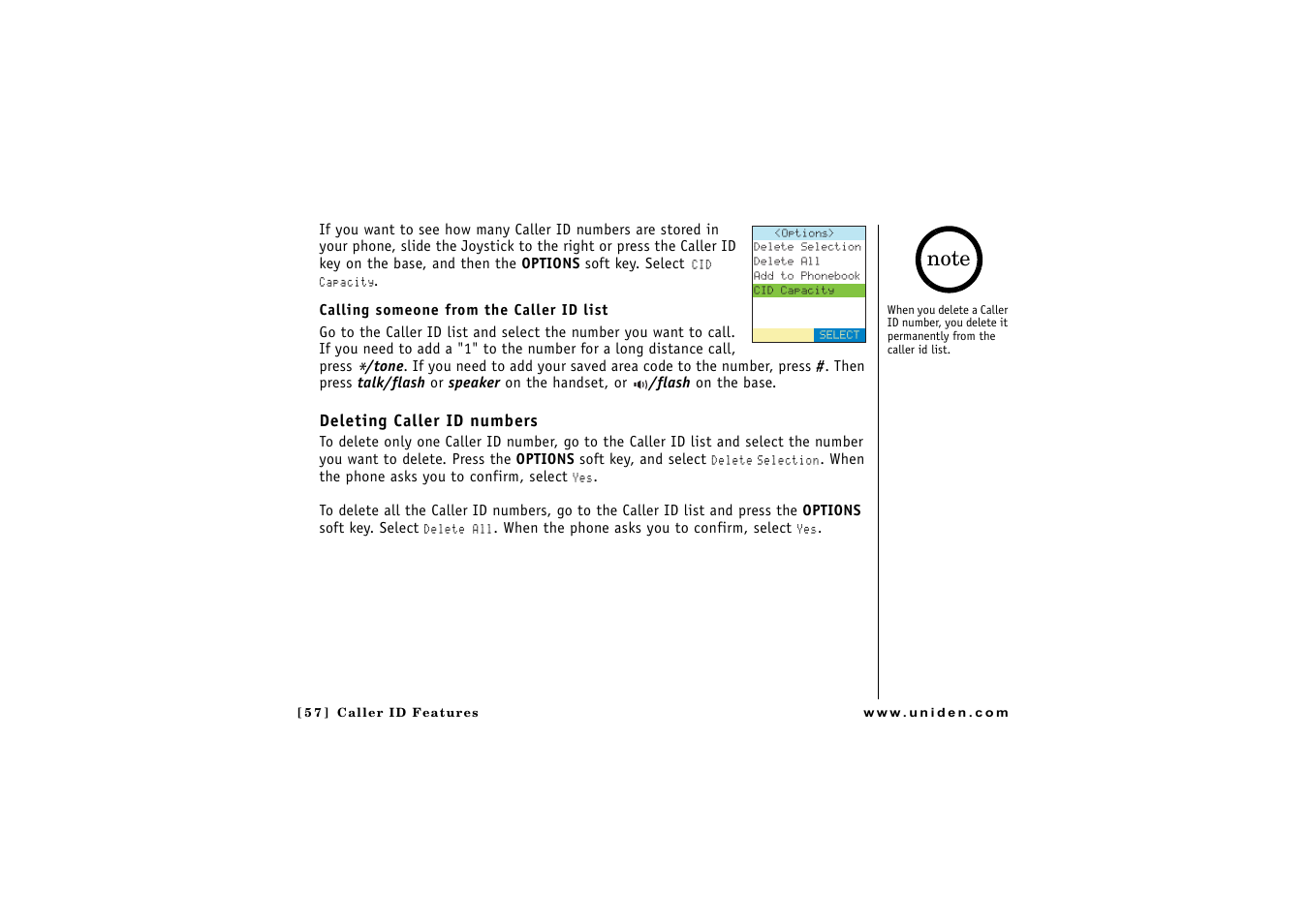 Deleting caller id numbers, P. 57 & 46), P. 57 | P. 57) | Uniden CLX475 User Manual | Page 58 / 92