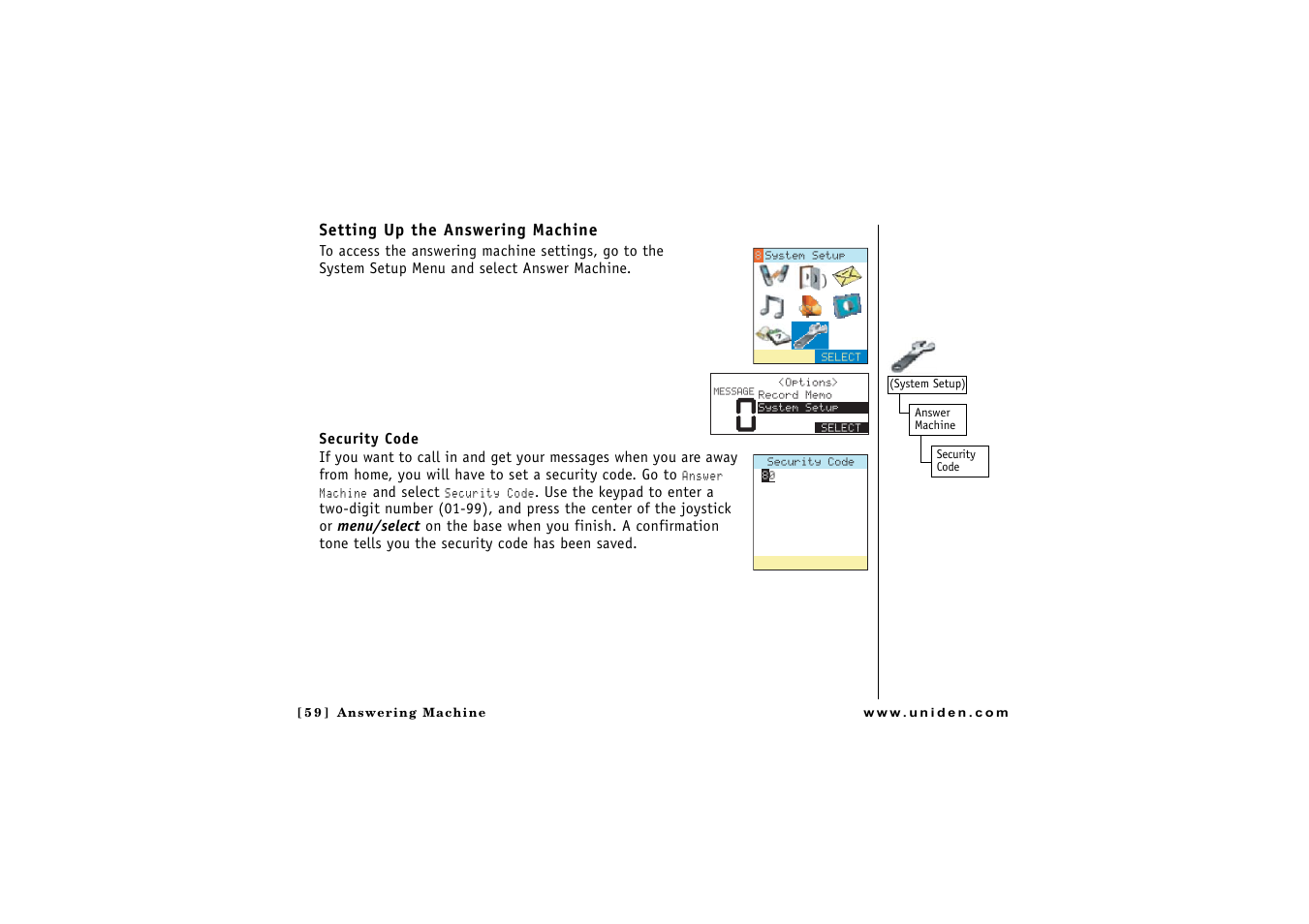Setting up the answering machine | Uniden CLX475 User Manual | Page 60 / 92