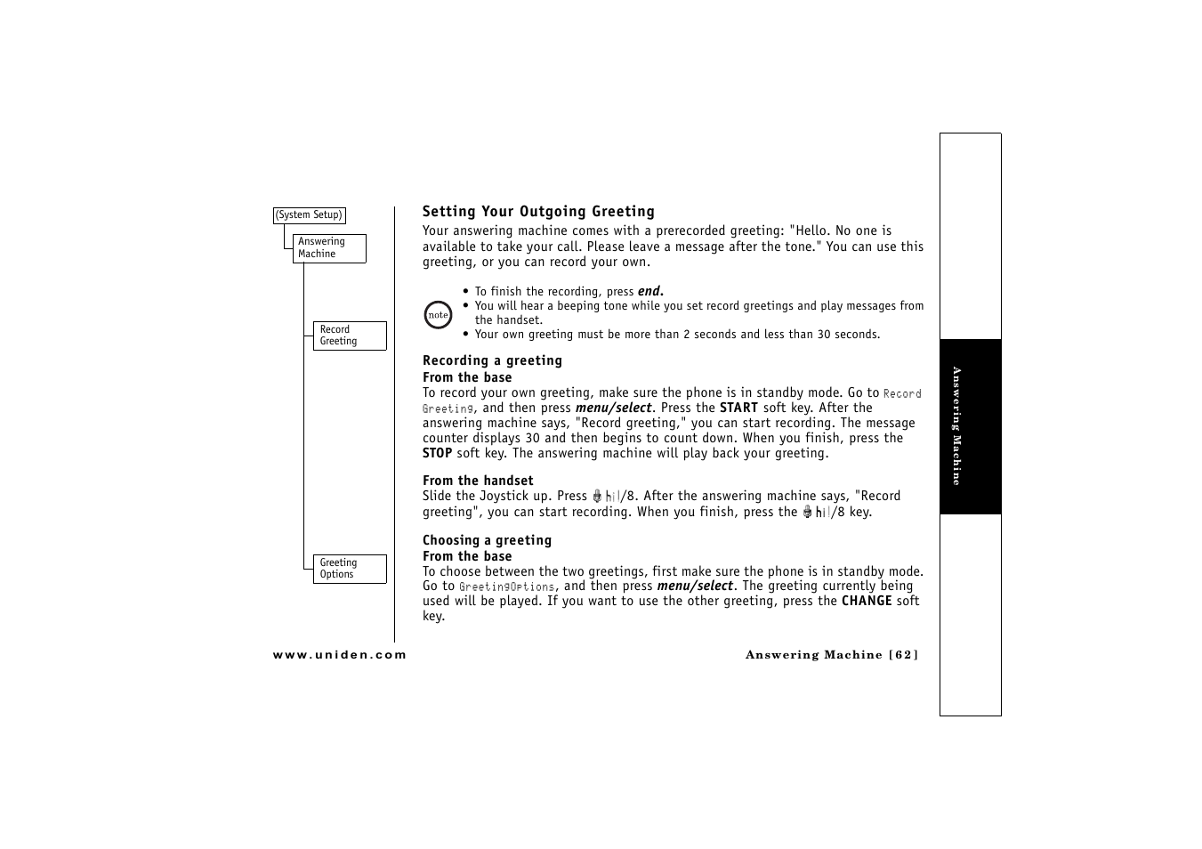 Setting your outgoing greeting 62 | Uniden CLX475 User Manual | Page 63 / 92
