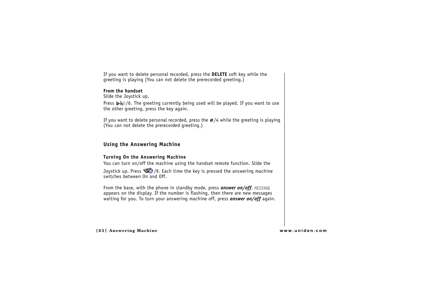 Using the answering machine, Ff (p. 63) | Uniden CLX475 User Manual | Page 64 / 92