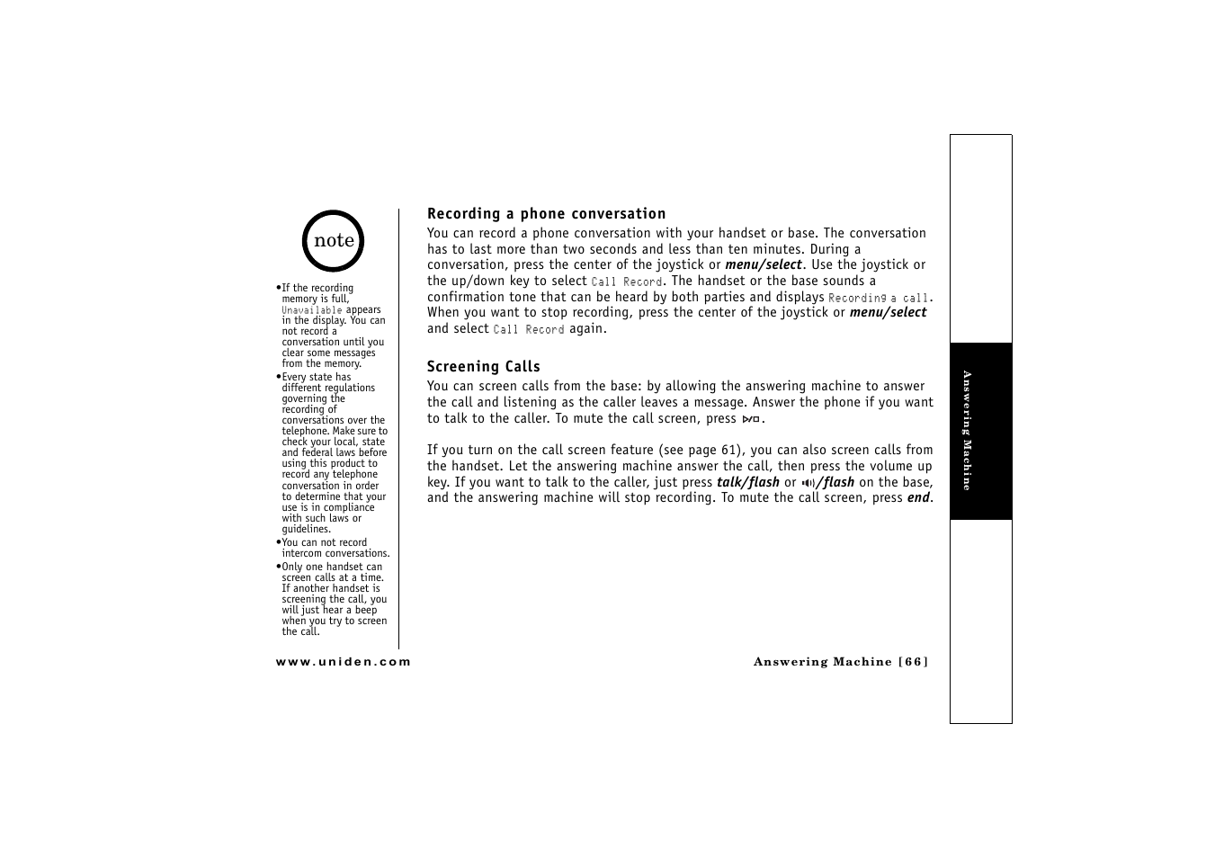 Recording a phone conversation 66 screening calls | Uniden CLX475 User Manual | Page 67 / 92