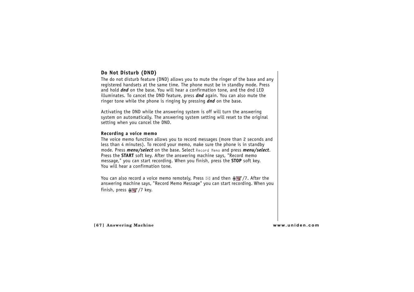 Do not disturb (dnd), P. 67) | Uniden CLX475 User Manual | Page 68 / 92