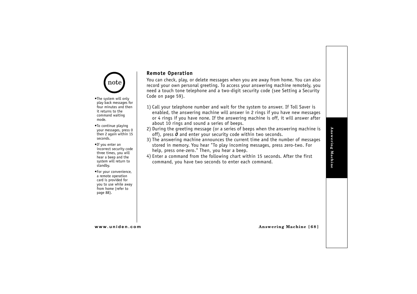 Remote operation | Uniden CLX475 User Manual | Page 69 / 92