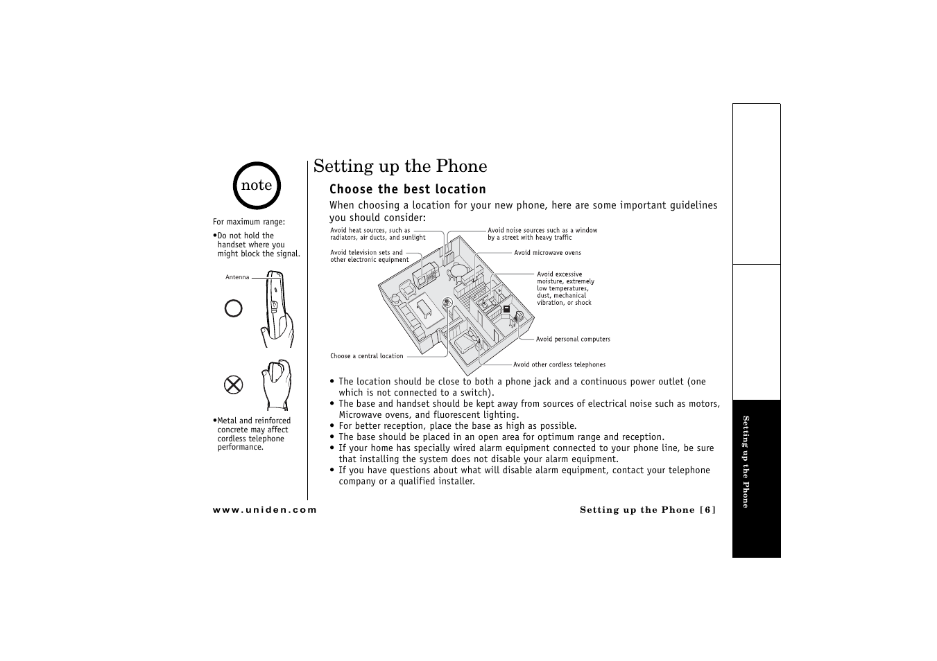 Setting up the phone, Choose the best location | Uniden CLX475 User Manual | Page 7 / 92