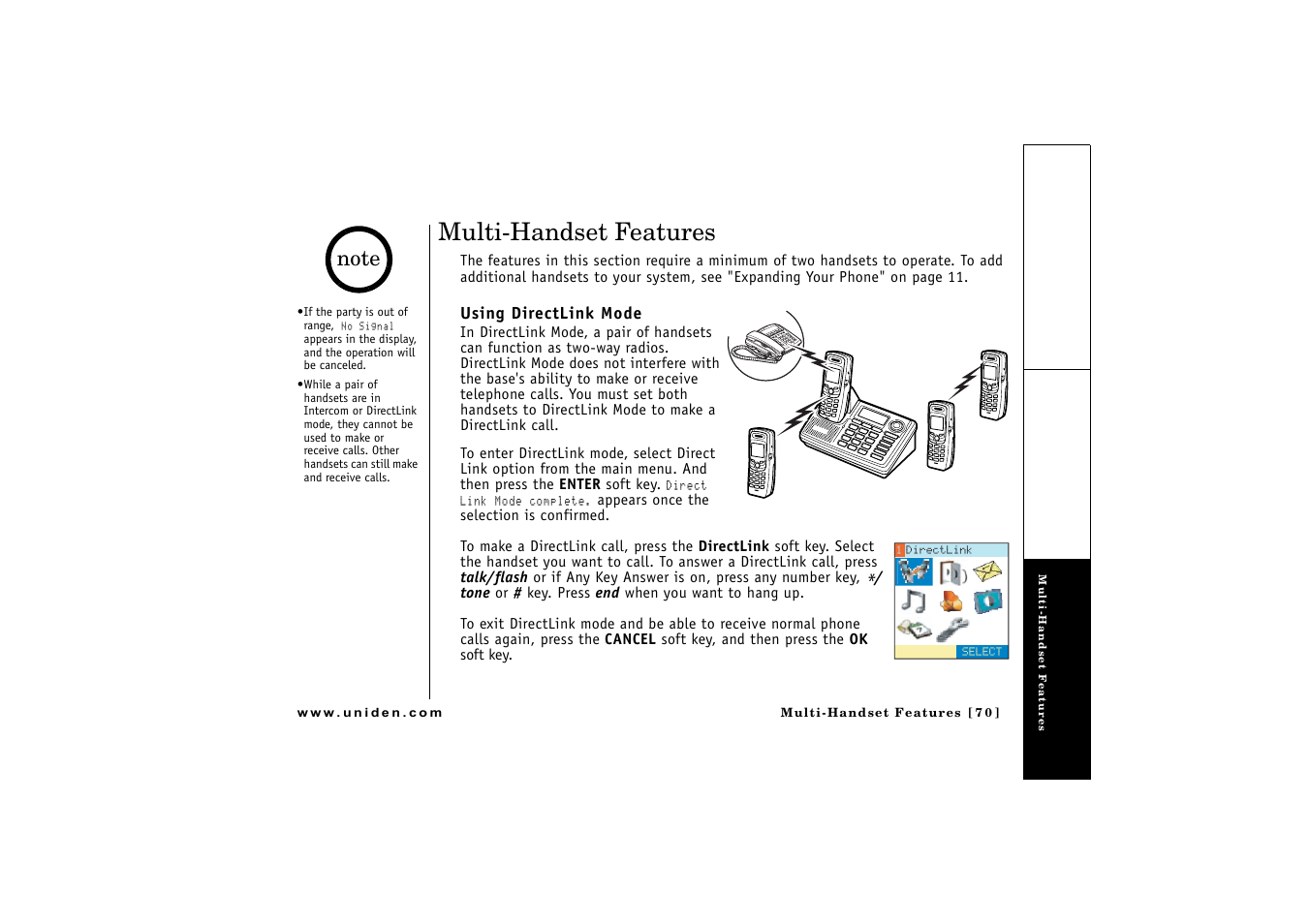 Multi-handset features, Using directlink mode | Uniden CLX475 User Manual | Page 71 / 92
