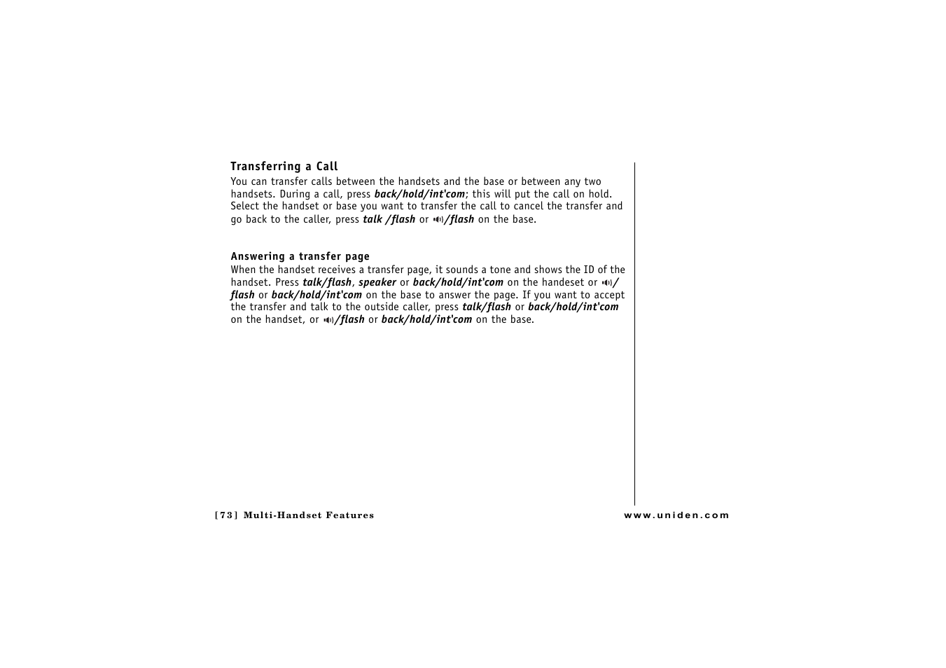 Transferring a call | Uniden CLX475 User Manual | Page 74 / 92