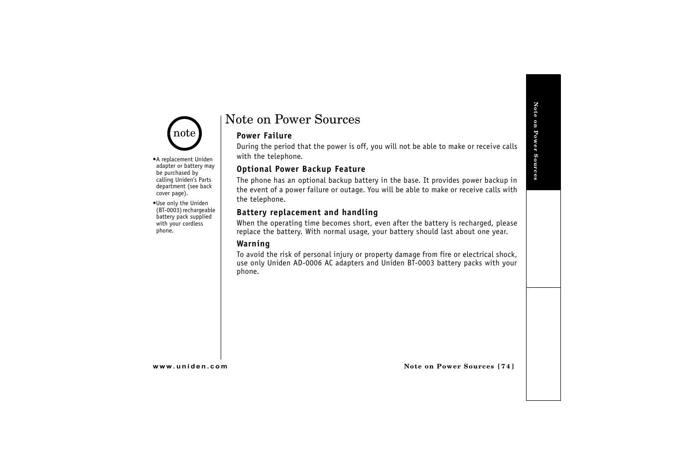 Note on power sources, Power failure, Battery replacement and handling | Warning | Uniden CLX475 User Manual | Page 75 / 92