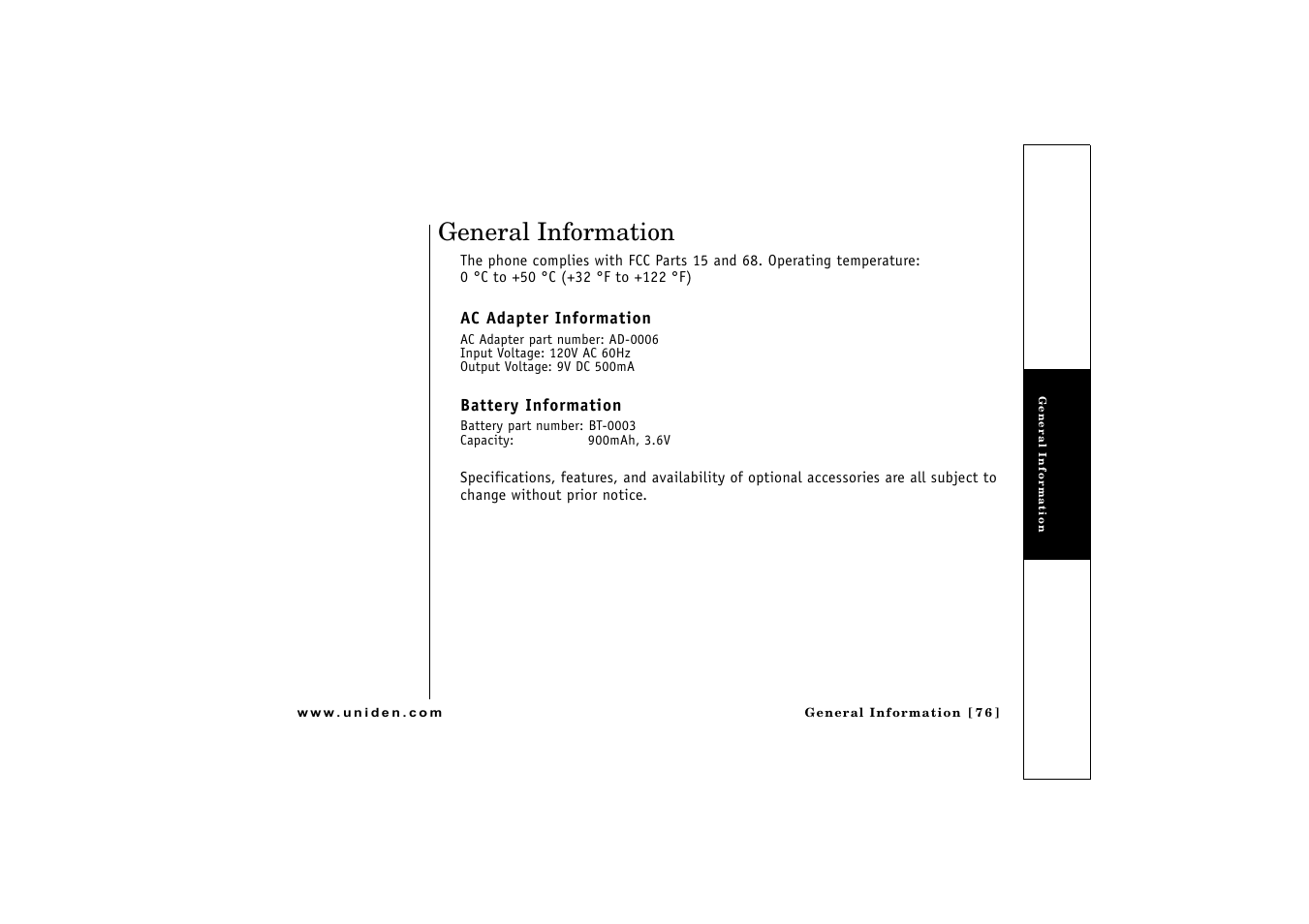 General information, Ac adapter information, Battery information | Uniden CLX475 User Manual | Page 77 / 92