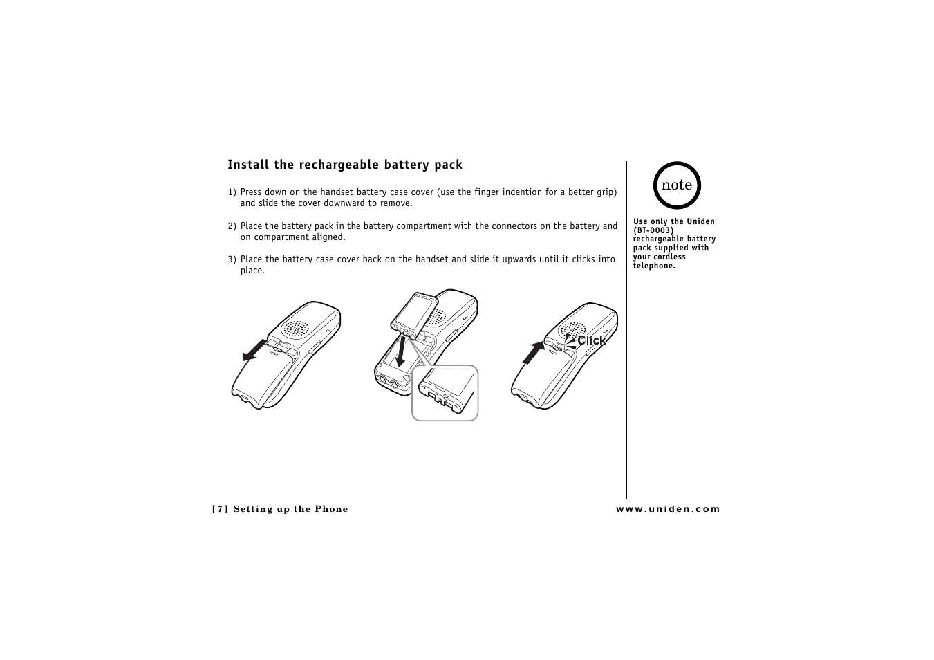 Install the rechargeable battery pack | Uniden CLX475 User Manual | Page 8 / 92