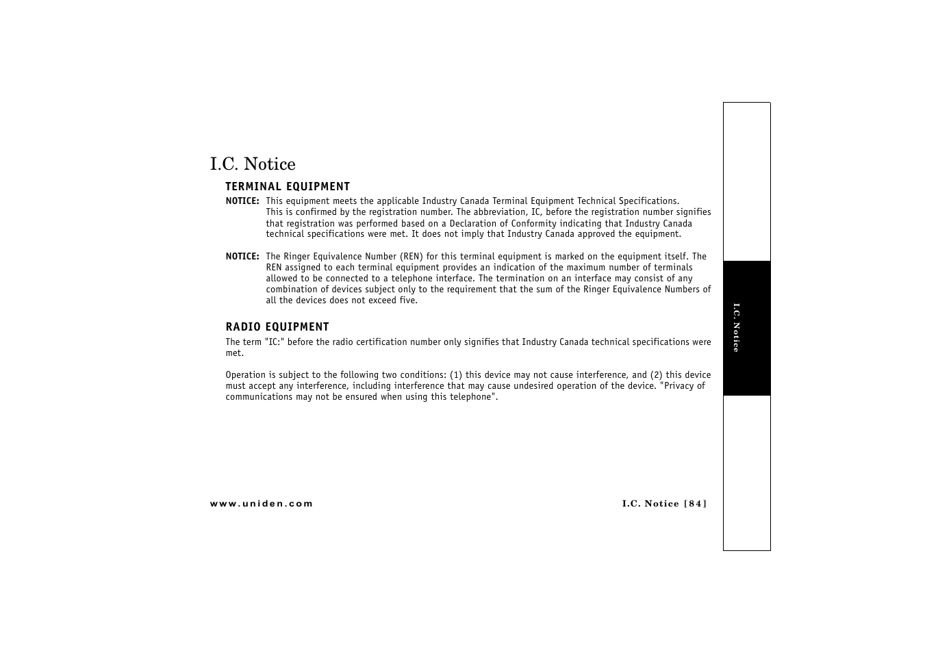 I.c. notice | Uniden CLX475 User Manual | Page 85 / 92