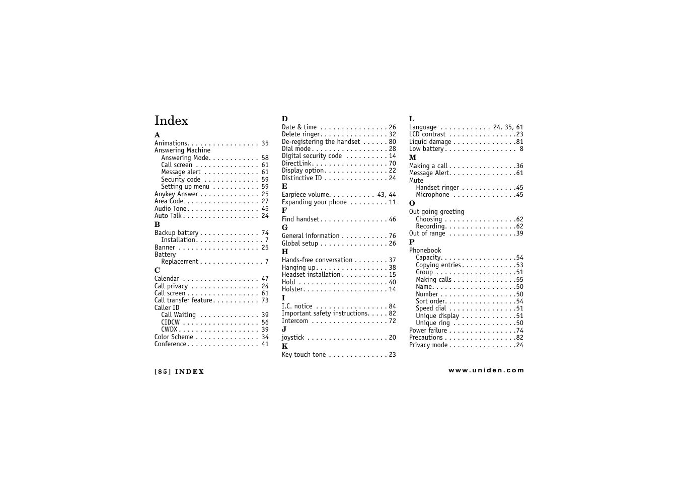 Index | Uniden CLX475 User Manual | Page 86 / 92