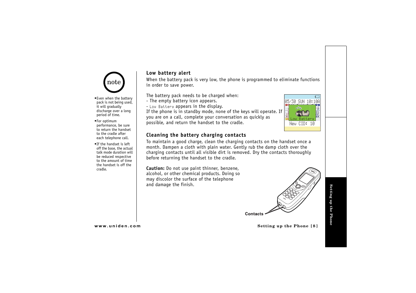 Low battery alert, Cleaning the battery charging contacts | Uniden CLX475 User Manual | Page 9 / 92