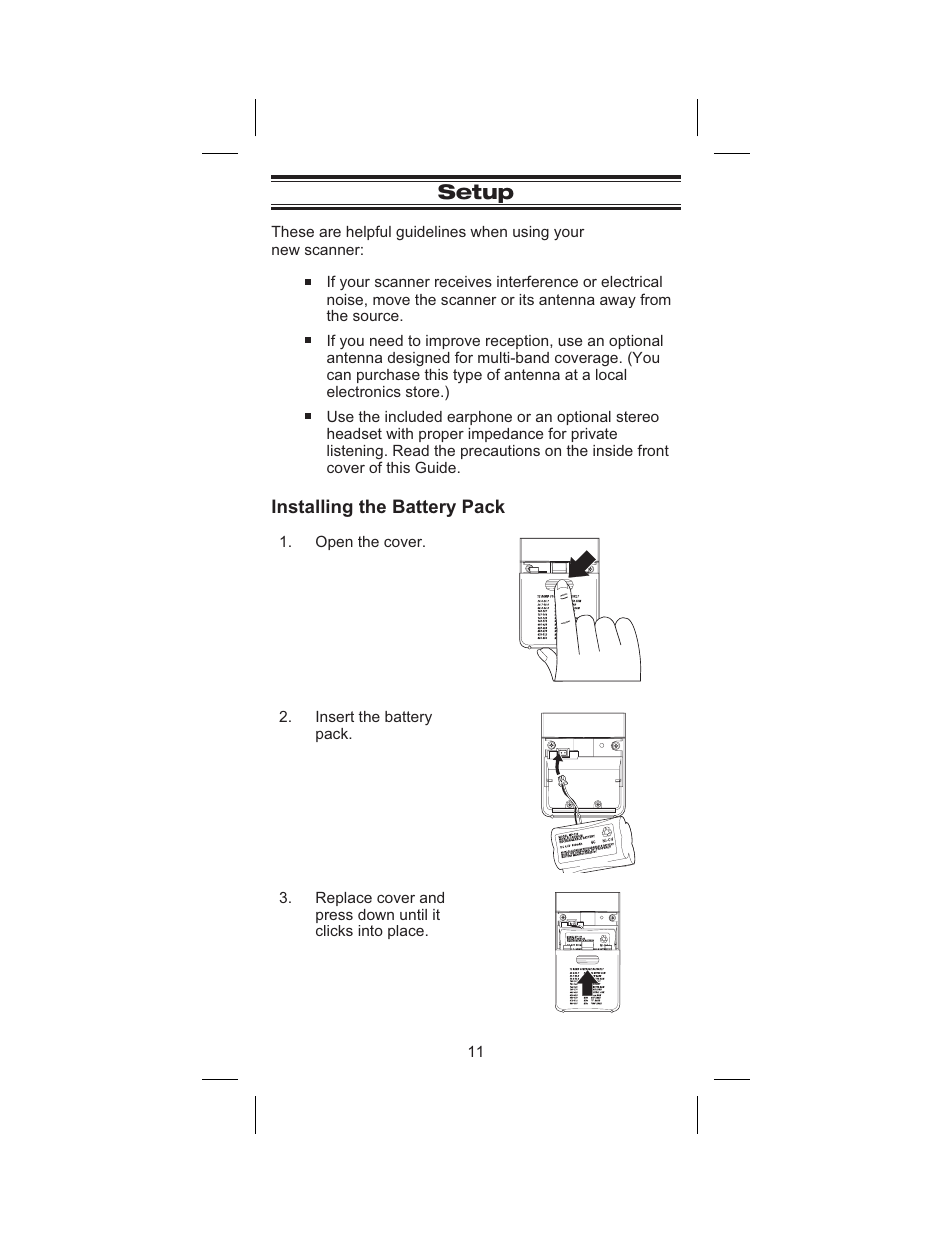 Setup 11, Installing the battery pack 11, Setup | Installing the battery pack | Uniden BC 245XLT User Manual | Page 11 / 90