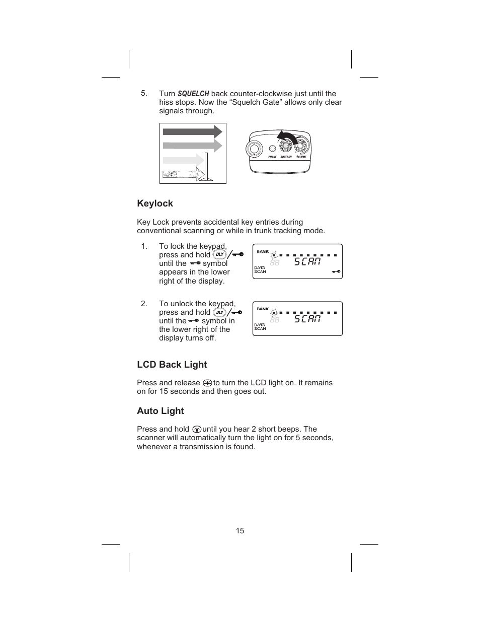 Keylock 15, Lcd back light 15, Auto light 15 | Keylock, Lcd back light, Auto light | Uniden BC 245XLT User Manual | Page 15 / 90
