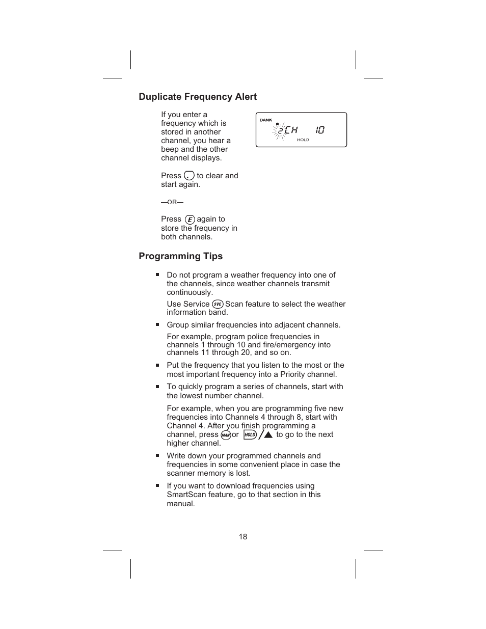 Duplicate frequency alert 18, Programming tips 18, Duplicate frequency alert | Programming tips | Uniden BC 245XLT User Manual | Page 18 / 90