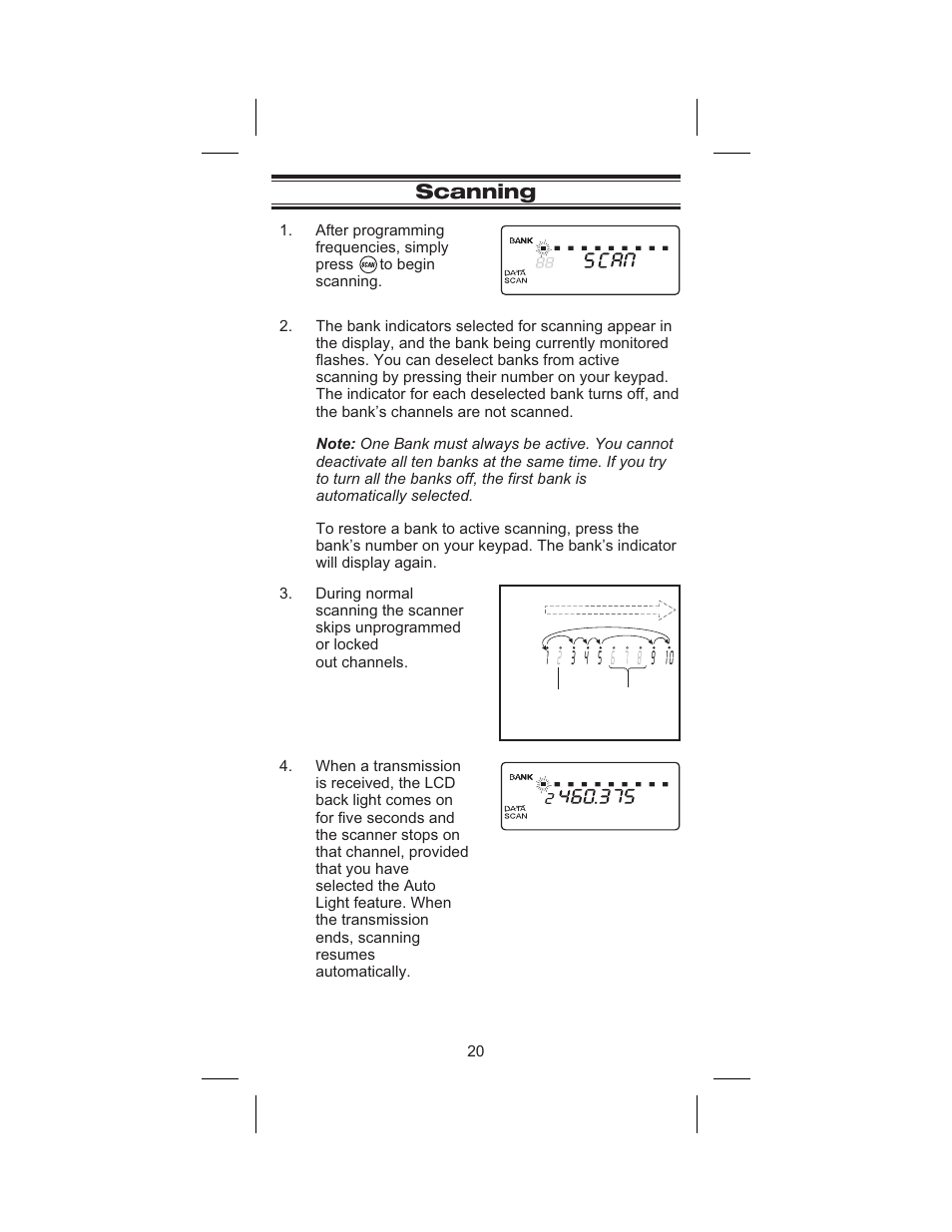 Scanning 20, Scanning | Uniden BC 245XLT User Manual | Page 20 / 90