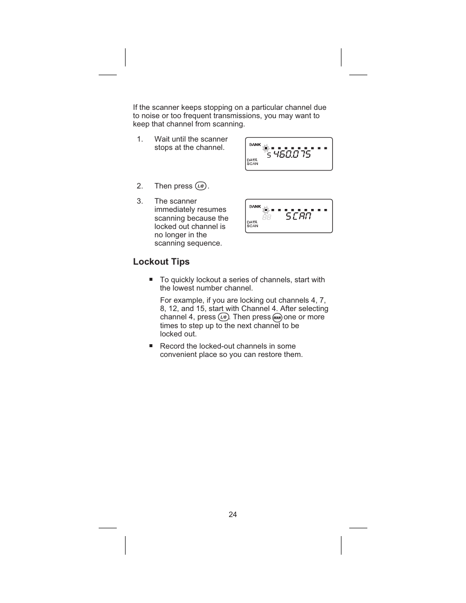 Lockout tips 24, Lockout tips | Uniden BC 245XLT User Manual | Page 24 / 90