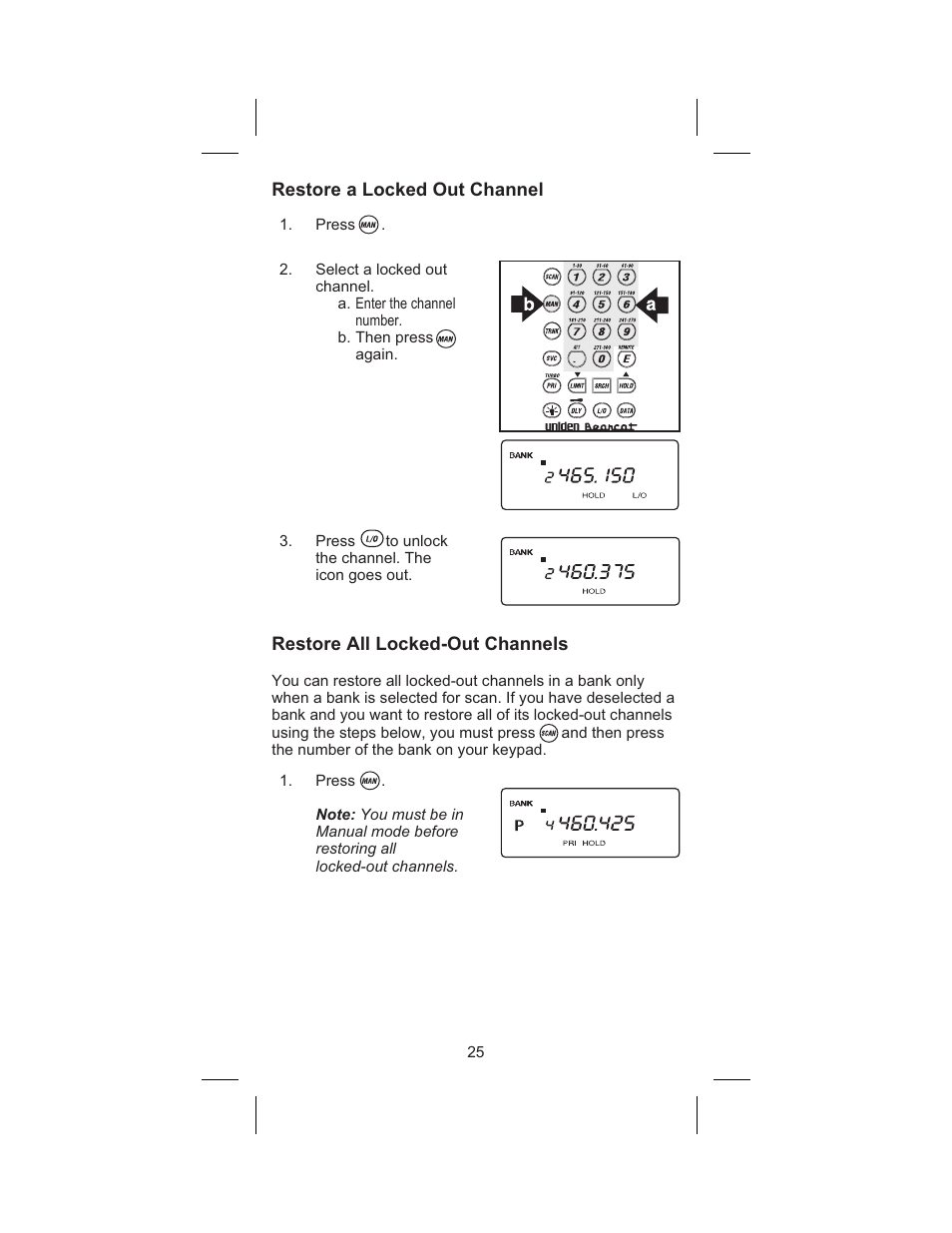 Restore a locked out channel 25, Restore all locked-out channels 25, Restore a locked out channel | Restore all locked-out channels | Uniden BC 245XLT User Manual | Page 25 / 90