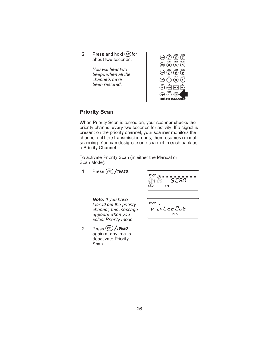 Priority scan 26, Priority scan | Uniden BC 245XLT User Manual | Page 26 / 90