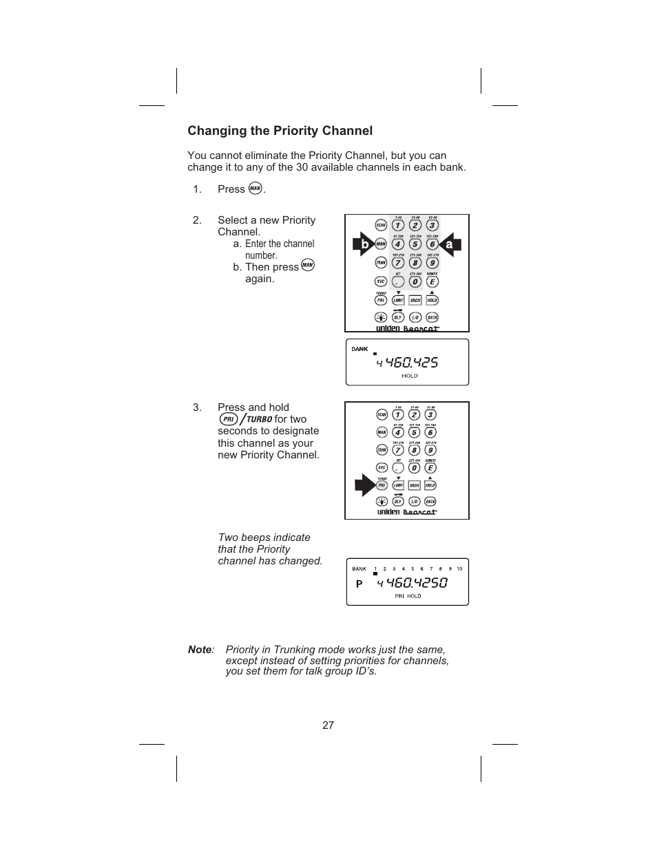 Changing the priority channel 27, Changing the priority channel | Uniden BC 245XLT User Manual | Page 27 / 90