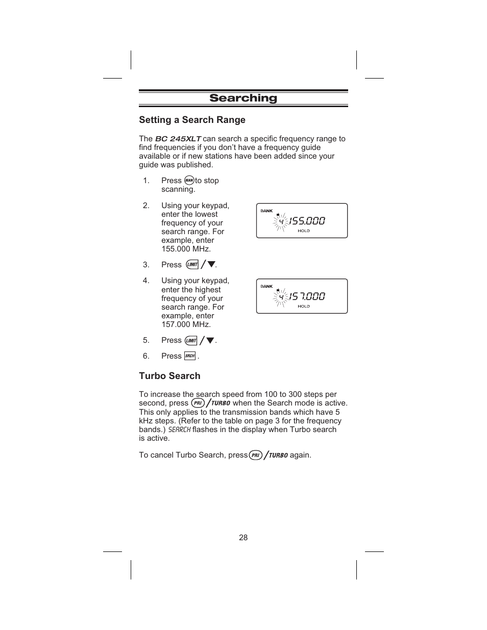 Searching 28, Setting a search range 28, Turbo search 28 | Searching, Setting a search range, Turbo search | Uniden BC 245XLT User Manual | Page 28 / 90