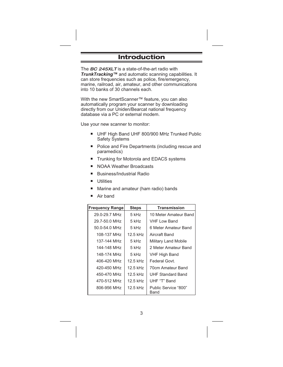 Introduction 3, Introduction | Uniden BC 245XLT User Manual | Page 3 / 90