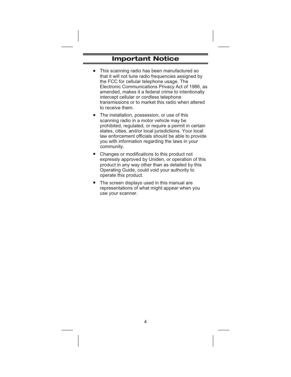 Important notice 4, Important notice | Uniden BC 245XLT User Manual | Page 4 / 90