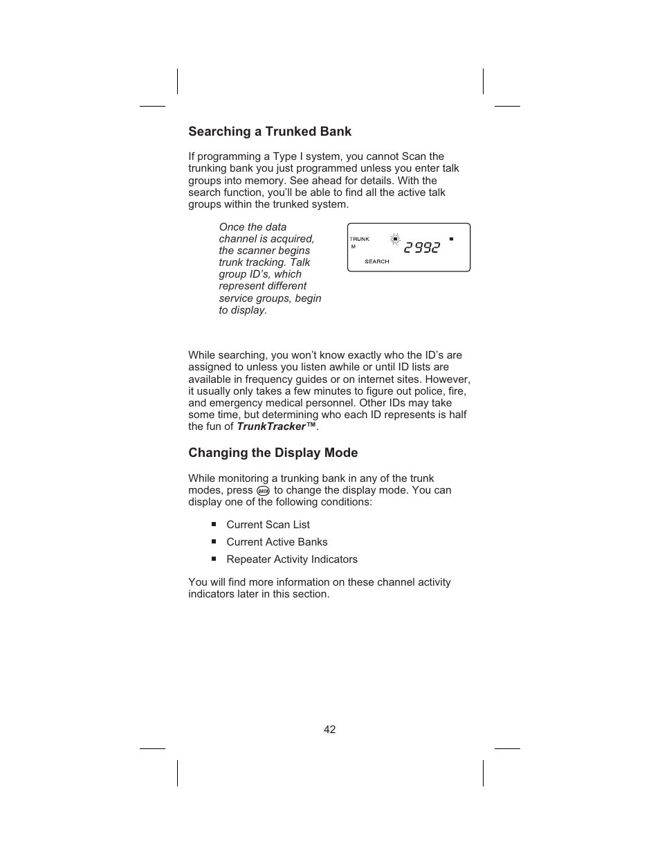 Searching a trunked bank 42, Searching a trunked bank, Changing the display mode | Uniden BC 245XLT User Manual | Page 42 / 90