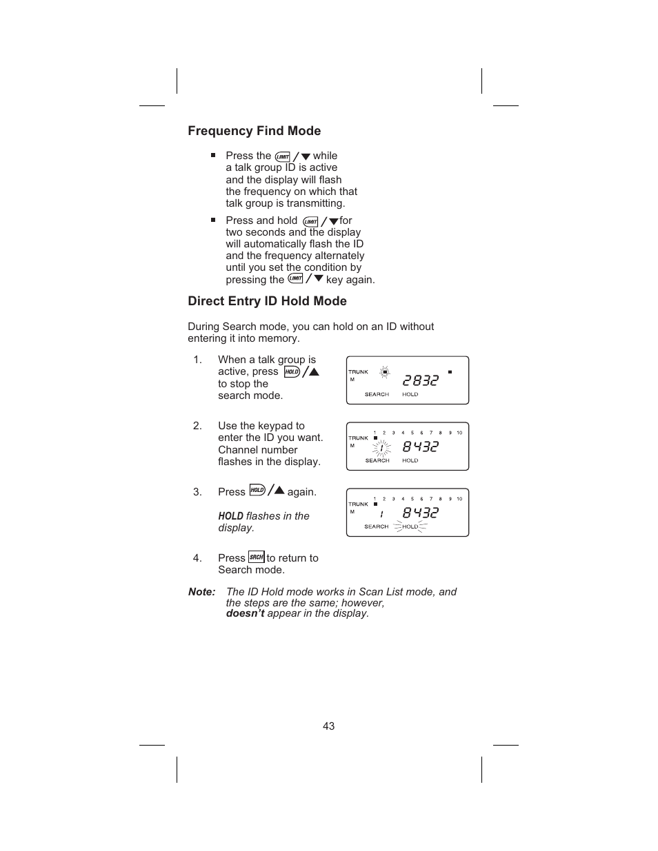 Frequency find mode 43, Direct entry id hold mode 43, Frequency find mode | Direct entry id hold mode | Uniden BC 245XLT User Manual | Page 43 / 90
