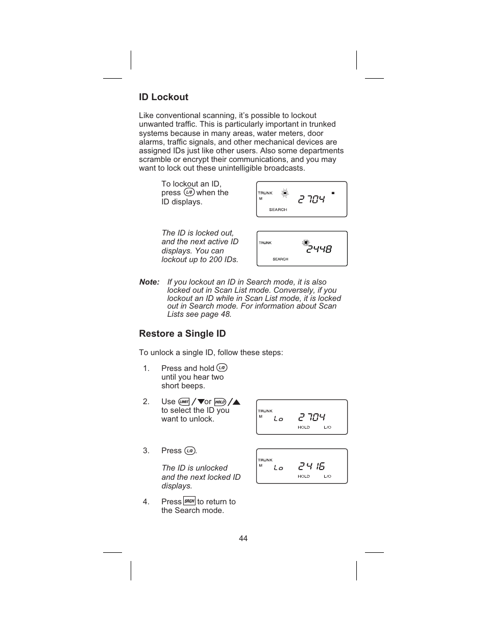 Id lockout 44, Restore a single id 44 | Uniden BC 245XLT User Manual | Page 44 / 90