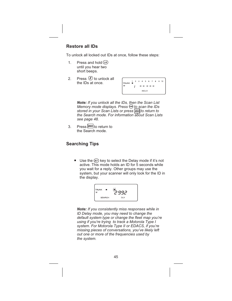 Restore all ids 45, Searching tips 45, Restore all ids | Searching tips | Uniden BC 245XLT User Manual | Page 45 / 90