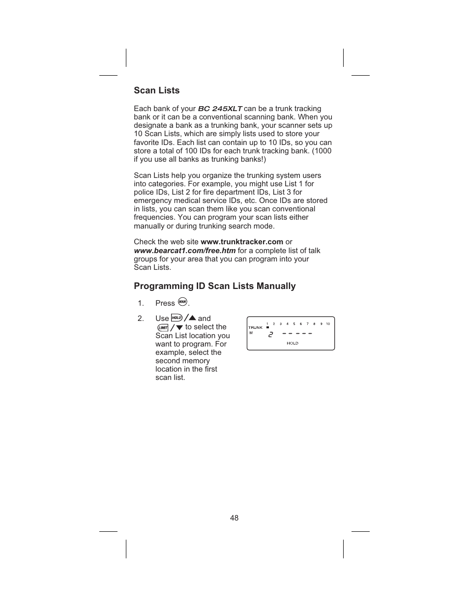 Scan lists 48, Programming id scan lists manually 48, Scan lists | Programming id scan lists manually | Uniden BC 245XLT User Manual | Page 48 / 90