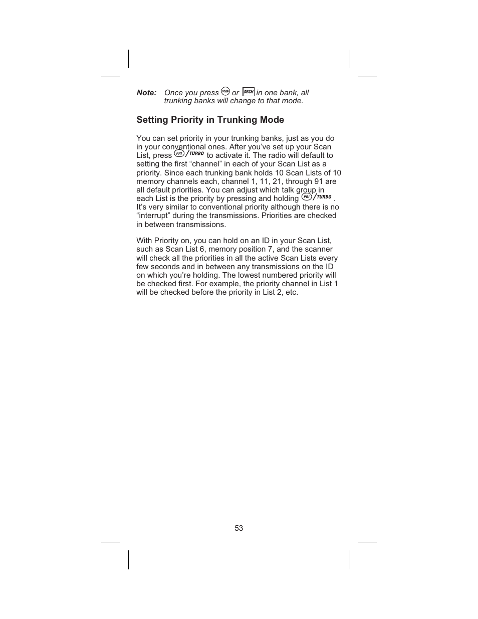 Setting priority in trunking mode 53, Setting priority in trunking mode | Uniden BC 245XLT User Manual | Page 53 / 90