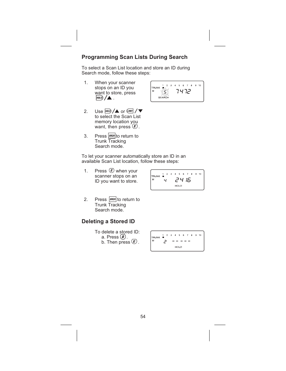 Programming scan lists during search 54, Deleting a stored id 54 | Uniden BC 245XLT User Manual | Page 54 / 90