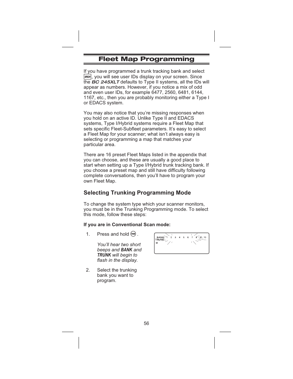 Fleet map programming 56, Selecting trunking programming mode 56, Fleet map programming | Uniden BC 245XLT User Manual | Page 56 / 90