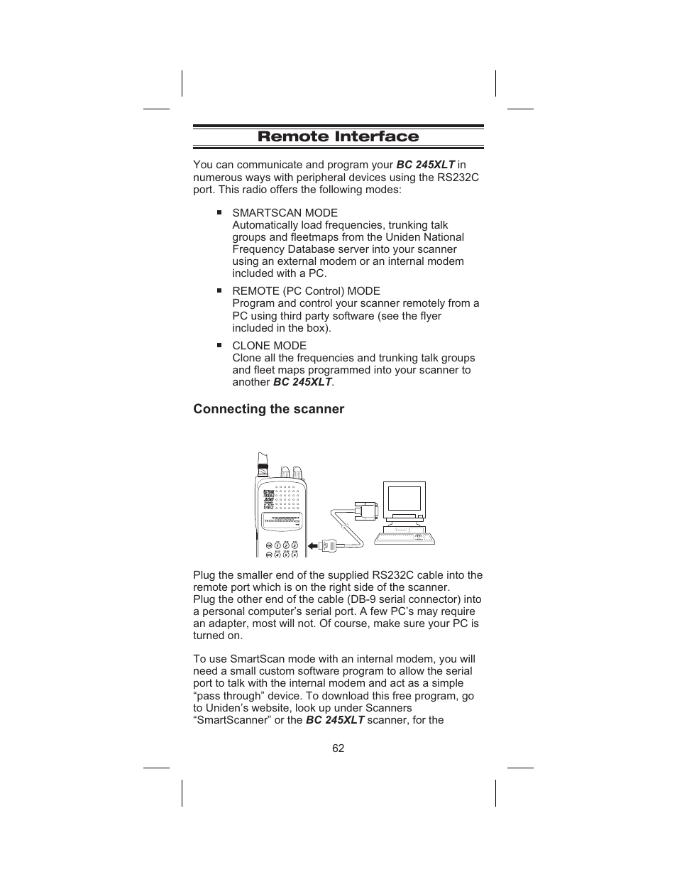 Remote interface 62, Connecting the scanner 62, Remote interface | Connecting the scanner | Uniden BC 245XLT User Manual | Page 62 / 90