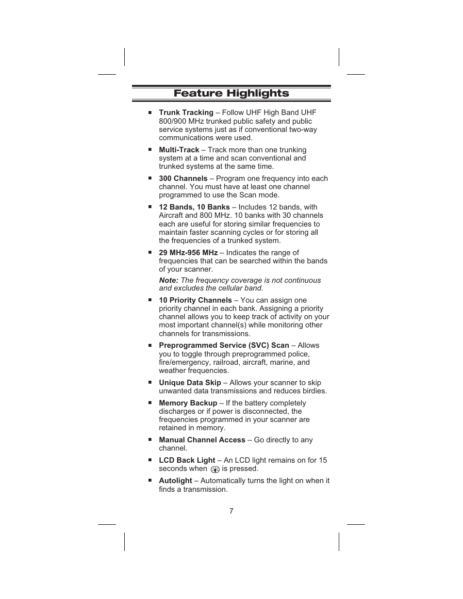 Feature highlights 7, Feature highlights | Uniden BC 245XLT User Manual | Page 7 / 90