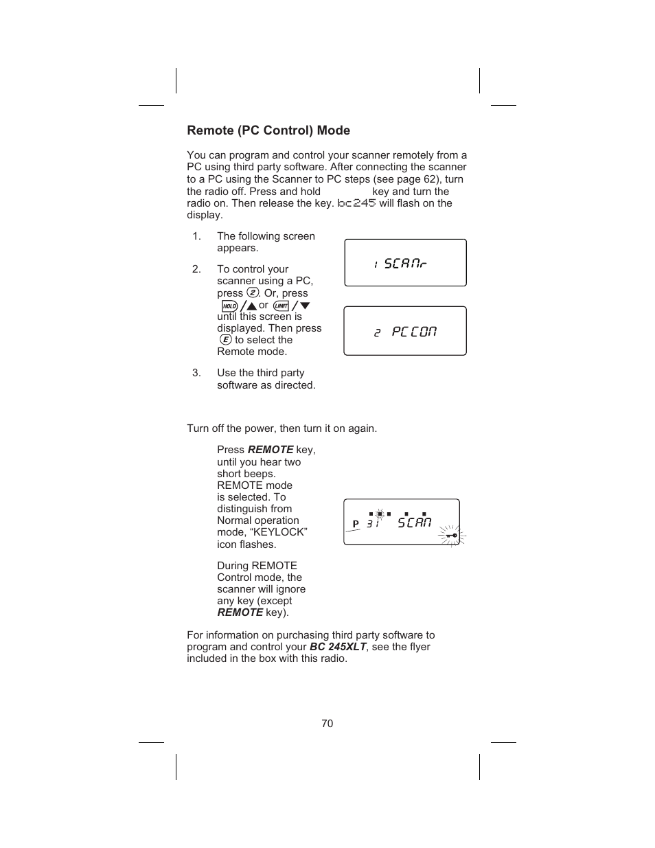 Remote (pc control) mode 70, Remote (pc control) mode | Uniden BC 245XLT User Manual | Page 70 / 90