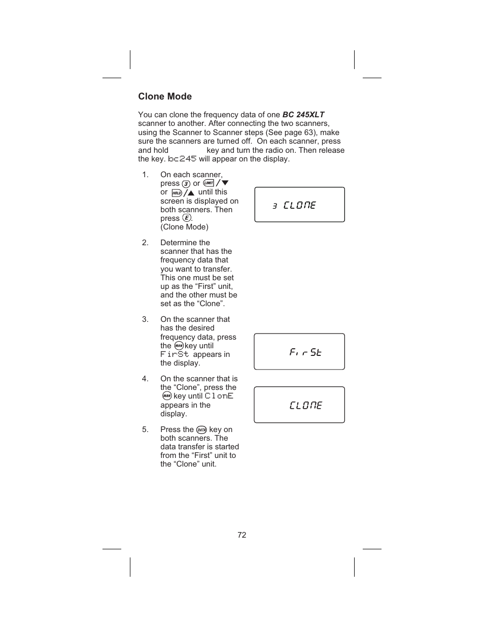 Clone mode 72 | Uniden BC 245XLT User Manual | Page 72 / 90