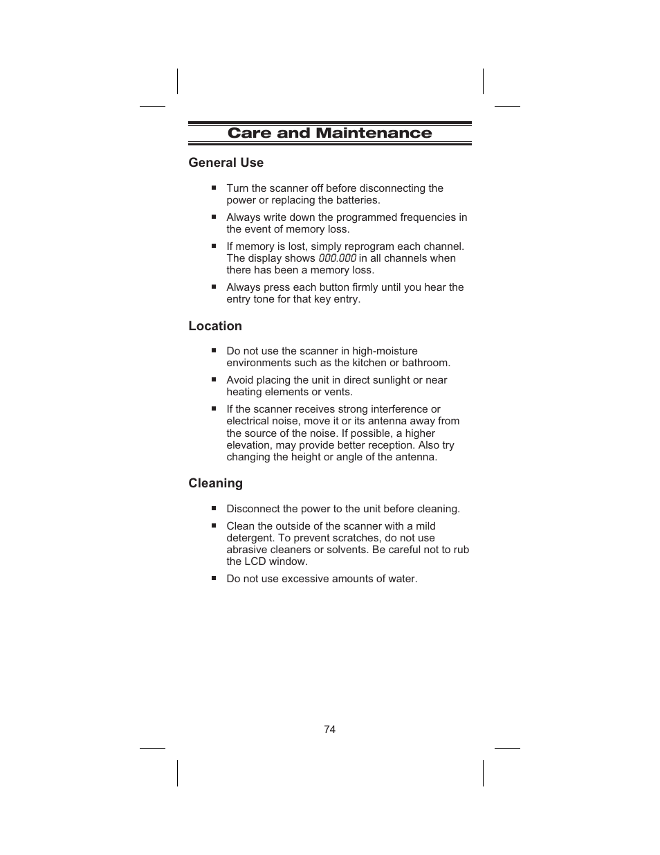 Care and maintenance 74, General use 74, Location 74 | Cleaning 74, Care and maintenance, General use, Location, Cleaning | Uniden BC 245XLT User Manual | Page 74 / 90