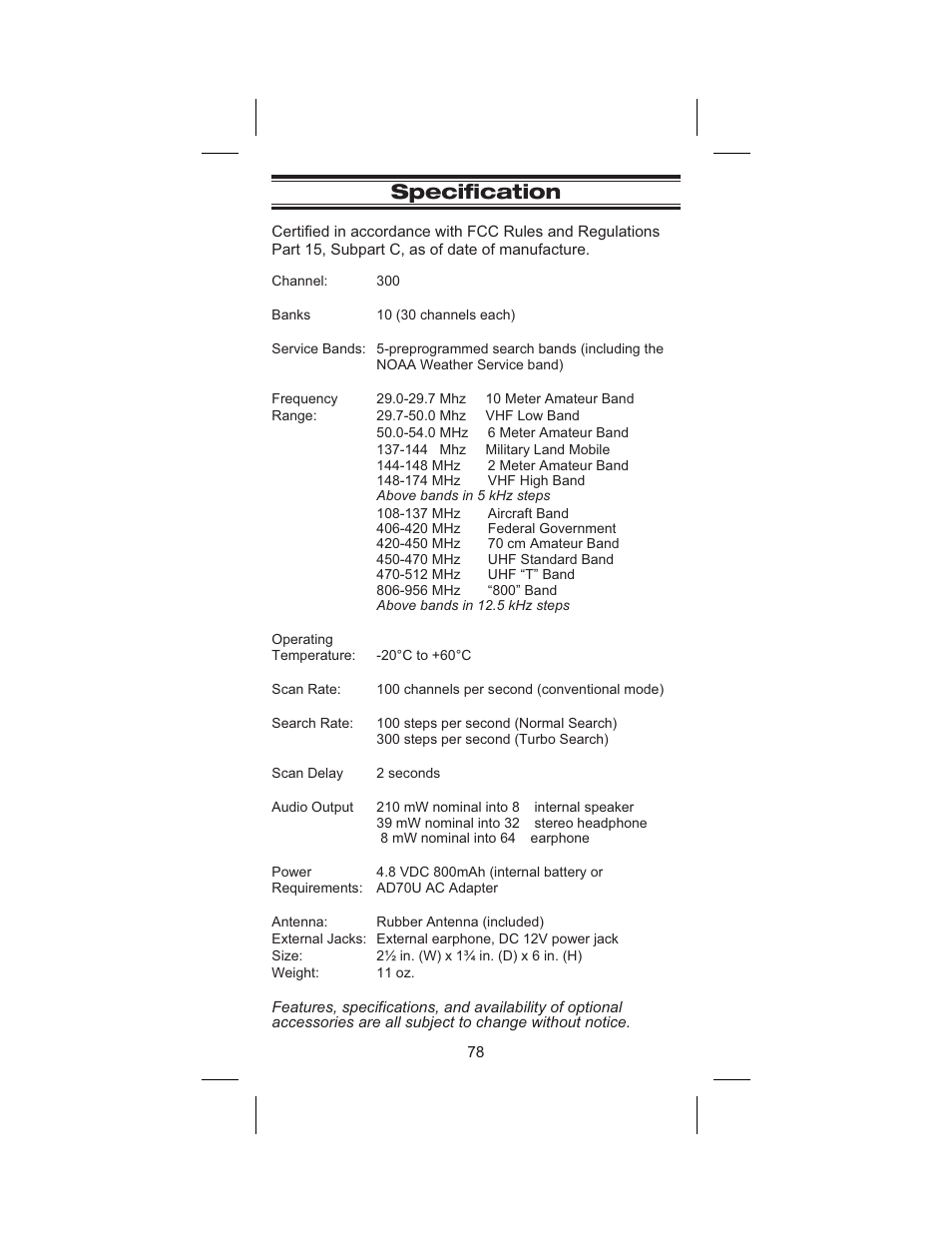 Specification 78, Specification | Uniden BC 245XLT User Manual | Page 78 / 90
