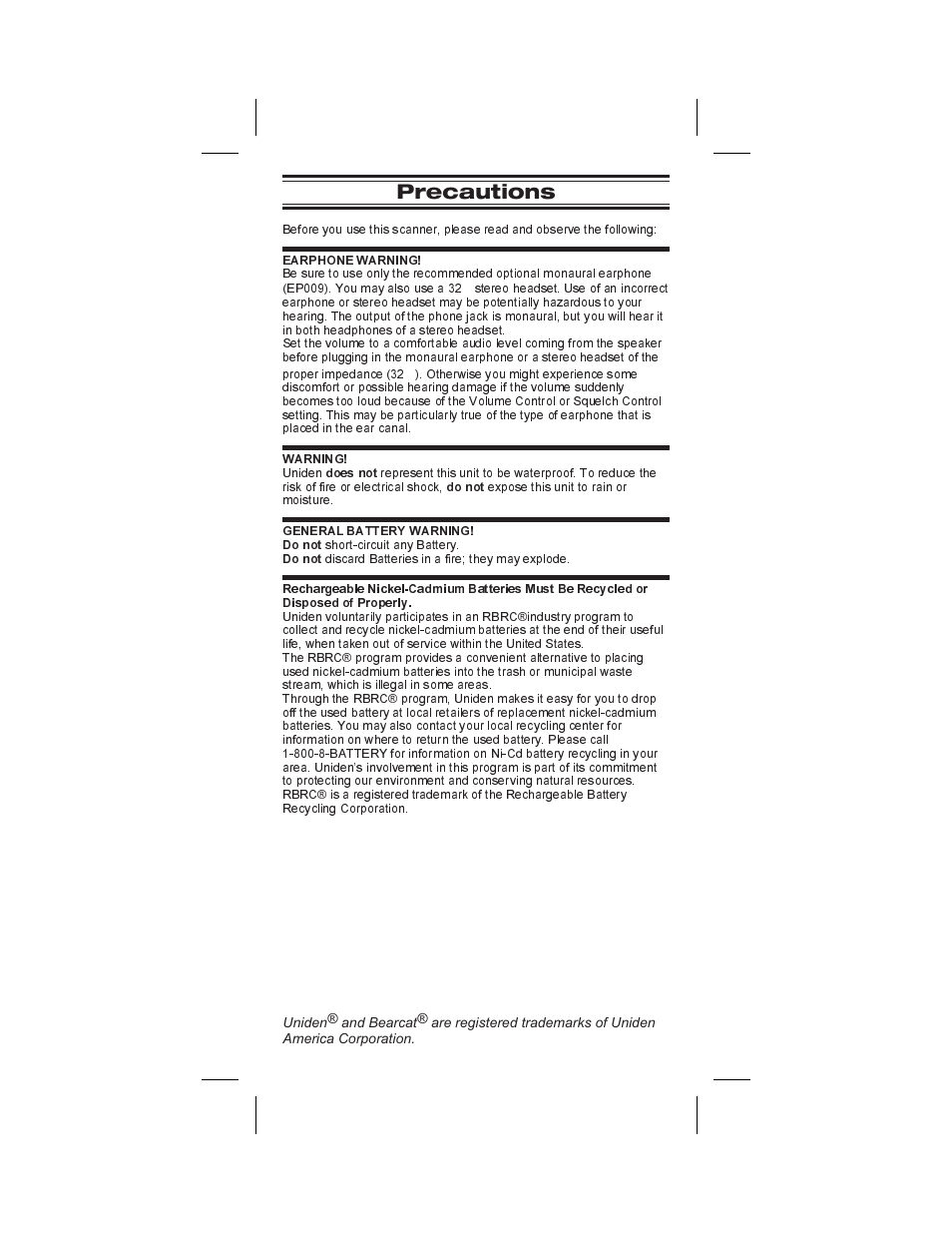 Precautions | Uniden BC 245XLT User Manual | Page 89 / 90