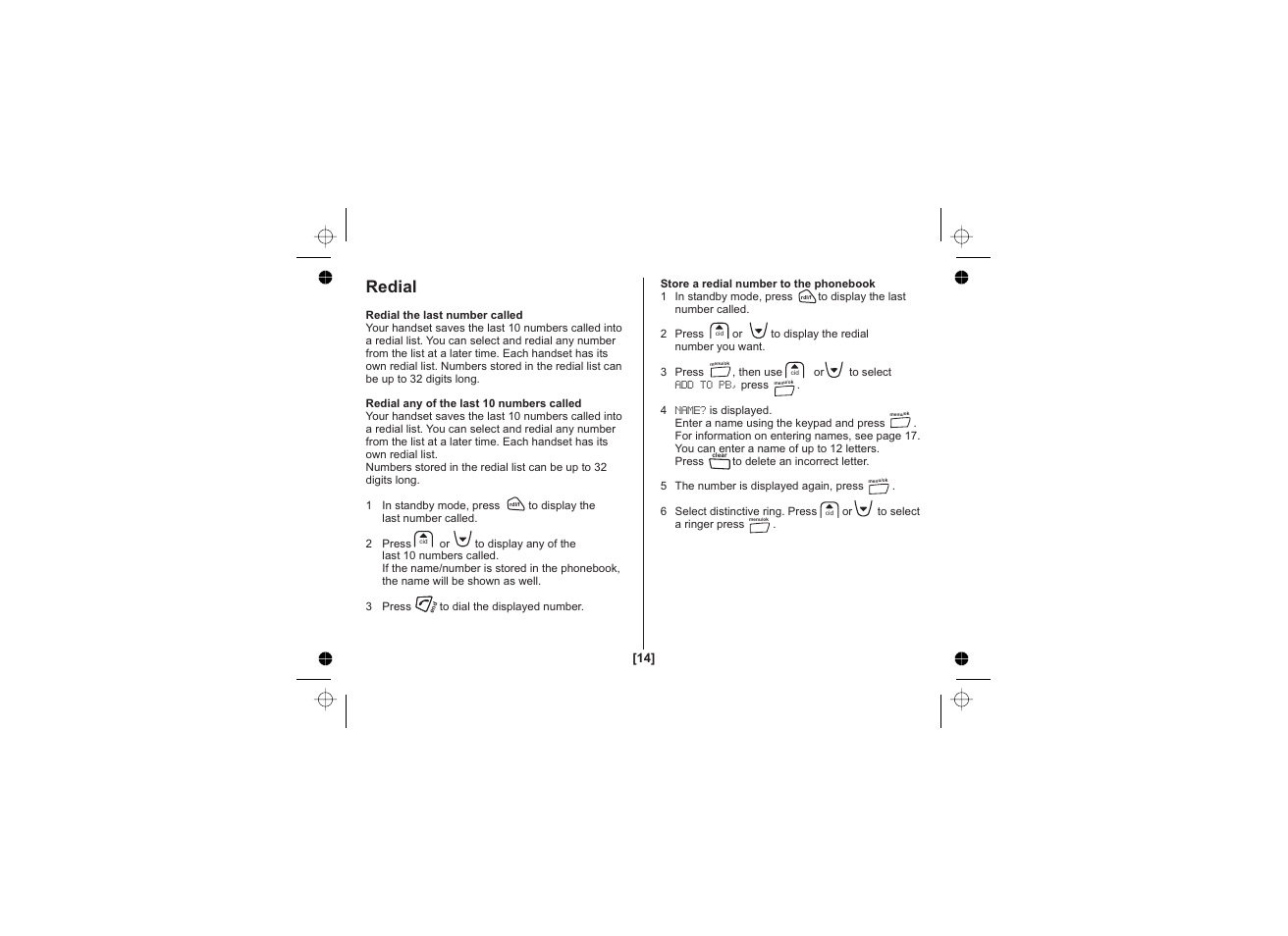 Redial | Uniden DECT1725 User Manual | Page 15 / 44