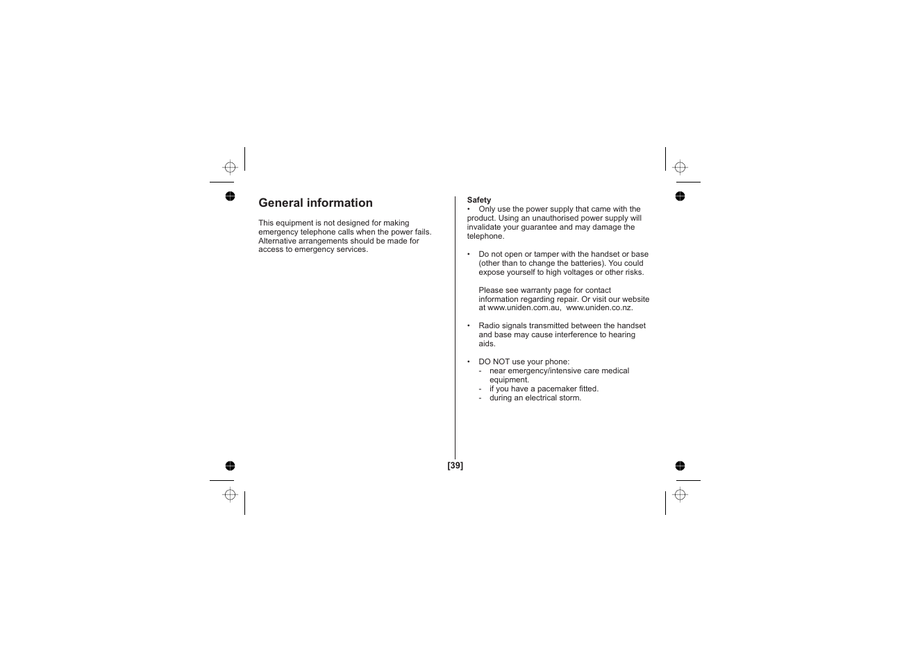 General information | Uniden DECT1725 User Manual | Page 40 / 44